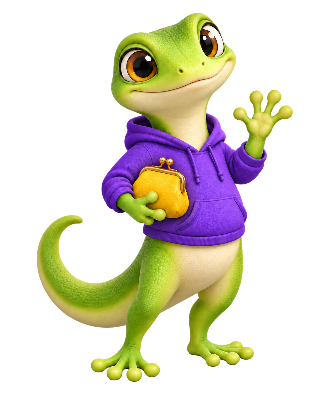 Le gecko souriant de Geckonomise sort de sa maison avec son porte-monnaie jaune